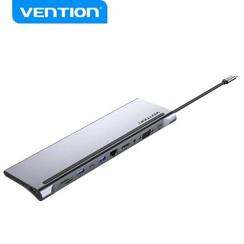 Vention USB-C MULTI-FUNCTIONAL 11 in 1 DOCKING STATION - Type C to Multi-function USB-C to HDMI/VGA/USB-C Gen 1/USB 3.0x2/USB 2.0/RJ45/SD/TF/TRRS 3.5mm/PD Docking Station 0.25m Gray Metal Type Docking station