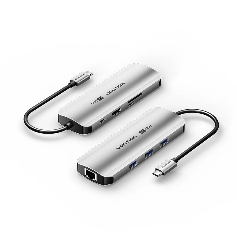 Vention USB-C MULTI-FUNCTIONAL 8 in 1 DOCKING STATION - Type C HDMI/USB3.0 (3 PORTS)/RJ45/SD/TF/PD(100W) Docking Station 0.15M Gray Aluminum Alloy Type